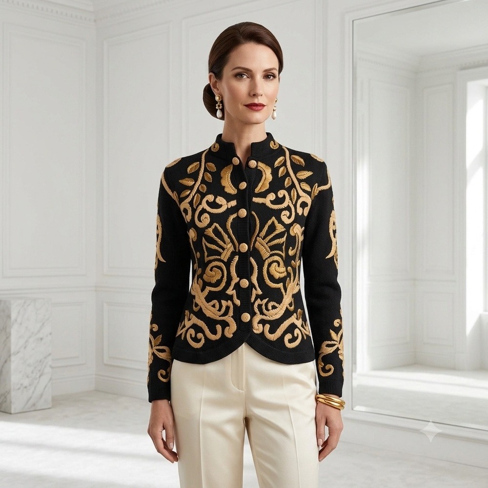 Marisa Christina Cardigan L Black Gold Embroidered Vintage 90s Baroque Victorian